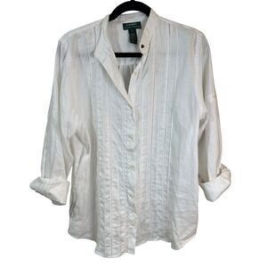 Lauren Ralph Lauren White Linen Mandarin Collar Pintuck Button Up Shirt Womens L